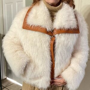NWOT Fashion Winter PU Leather Sailor Collar Long Sleeves Loose Fit Fur Jacket